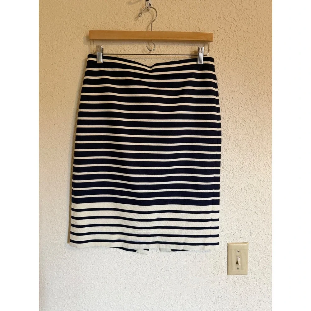 J.Crew Navy Blue‎ White Striped Cotton Pique Pencil Skirt Size 6 Work Business